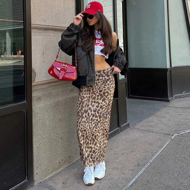 Sexy Elegant Leopard Printed Midi Skirt Women Fashion Dress Lady Clothes Summer Office Party Club Streetwear Wholesale