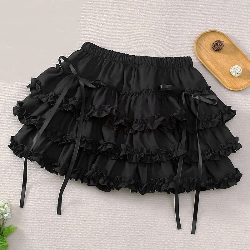 Women Black Short Skirt Japanese Preppy Style Skirt Female Elastic Waist Tutu Skirts Lace Ruffles A-line Mini Pleated Cake Skirt