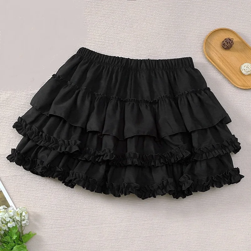 Women Black Short Skirt Japanese Preppy Style Skirt Female Elastic Waist Tutu Skirts Lace Ruffles A-line Mini Pleated Cake Skirt