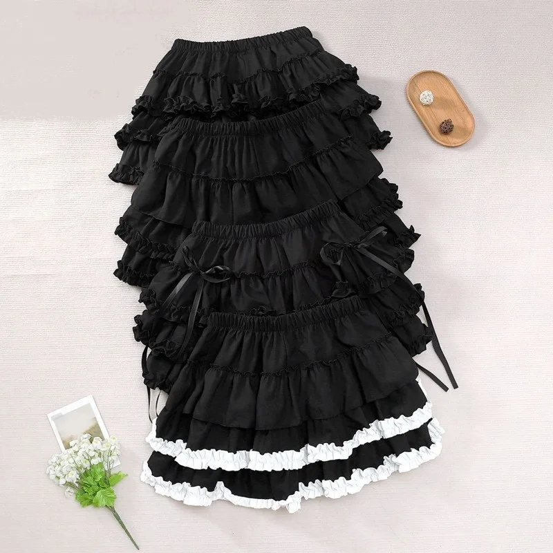 Women Black Short Skirt Japanese Preppy Style Skirt Female Elastic Waist Tutu Skirts Lace Ruffles A-line Mini Pleated Cake Skirt