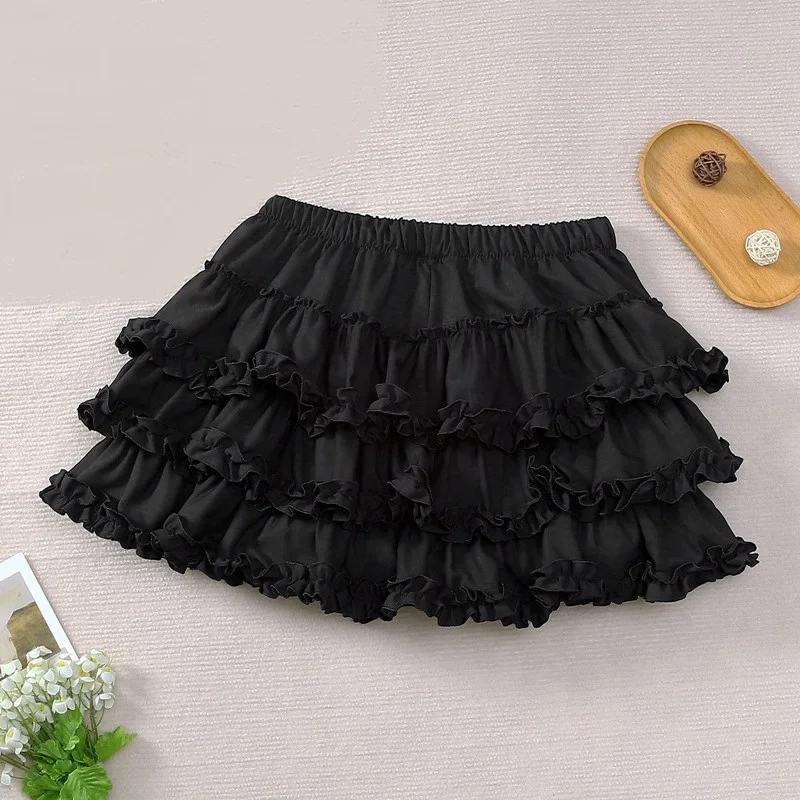 Women Black Short Skirt Japanese Preppy Style Skirt Female Elastic Waist Tutu Skirts Lace Ruffles A-line Mini Pleated Cake Skirt