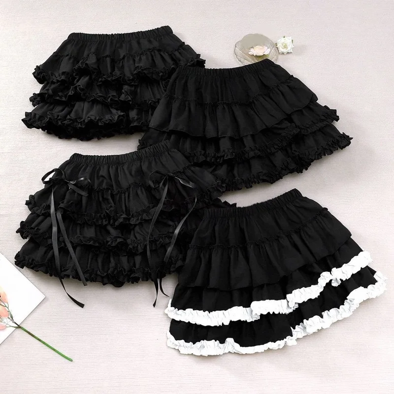 Women Black Short Skirt Japanese Preppy Style Skirt Female Elastic Waist Tutu Skirts Lace Ruffles A-line Mini Pleated Cake Skirt