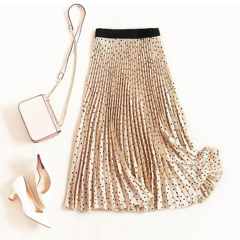 Women's High Waist Pleated Skirt Spring Autumn Velvet Print Midi Maxi Long Skirts Femme Faldas Mujer
