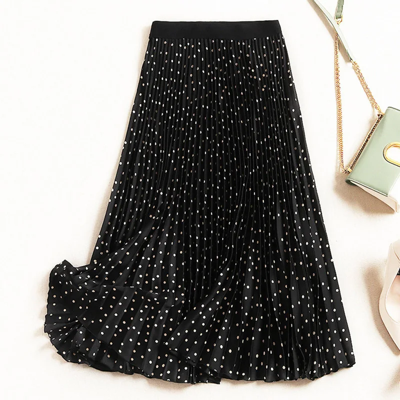 Women's High Waist Pleated Skirt Spring Autumn Velvet Print Midi Maxi Long Skirts Femme Faldas Mujer