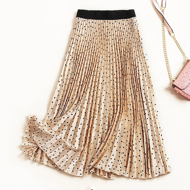 Women's High Waist Pleated Skirt Spring Autumn Velvet Print Midi Maxi Long Skirts Femme Faldas Mujer