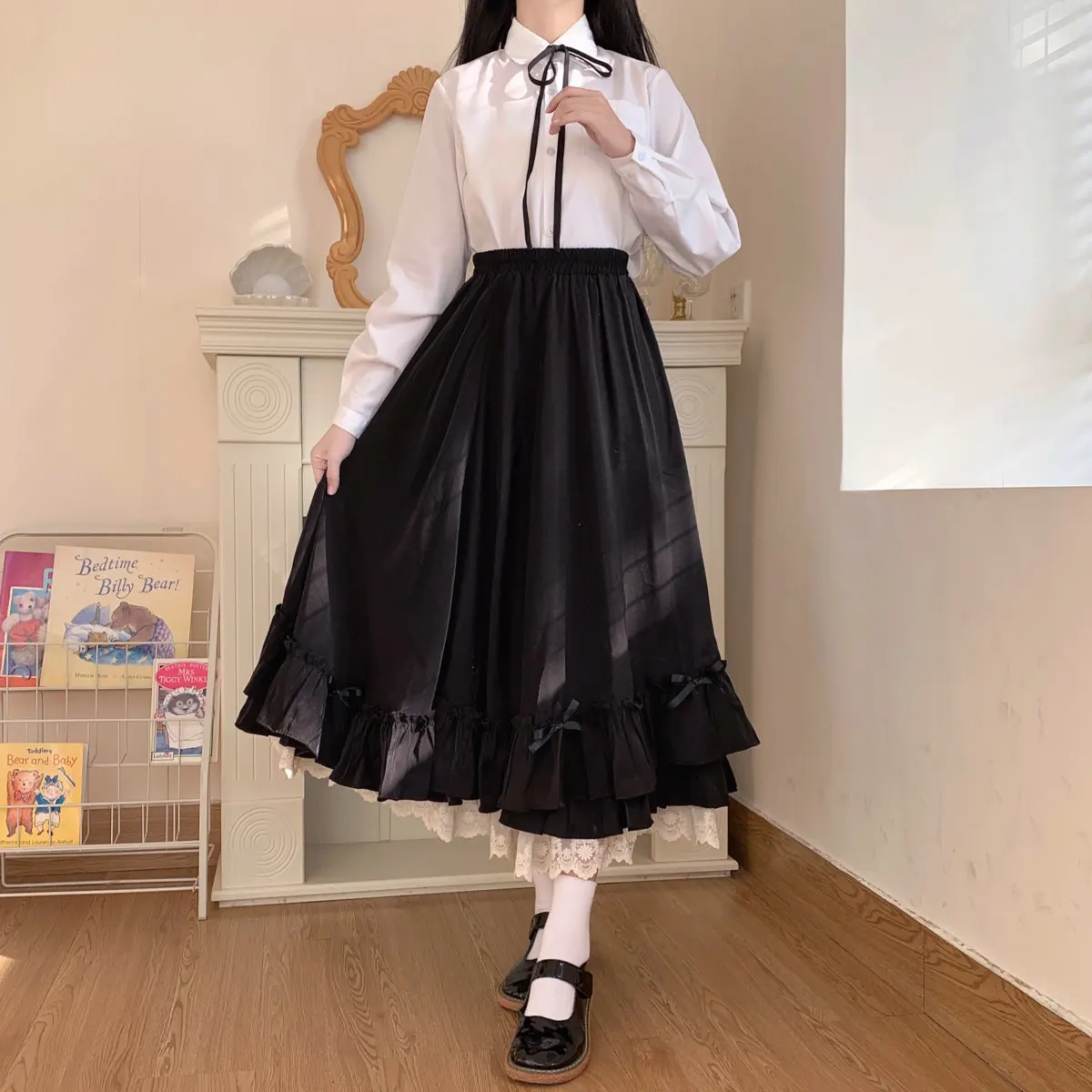 Women's Skirt Vintage French Elegant Ruffled Double Layer Half Skirt Lolita Long Skirts Women Fashion 2023 A-line Pleated Skirt