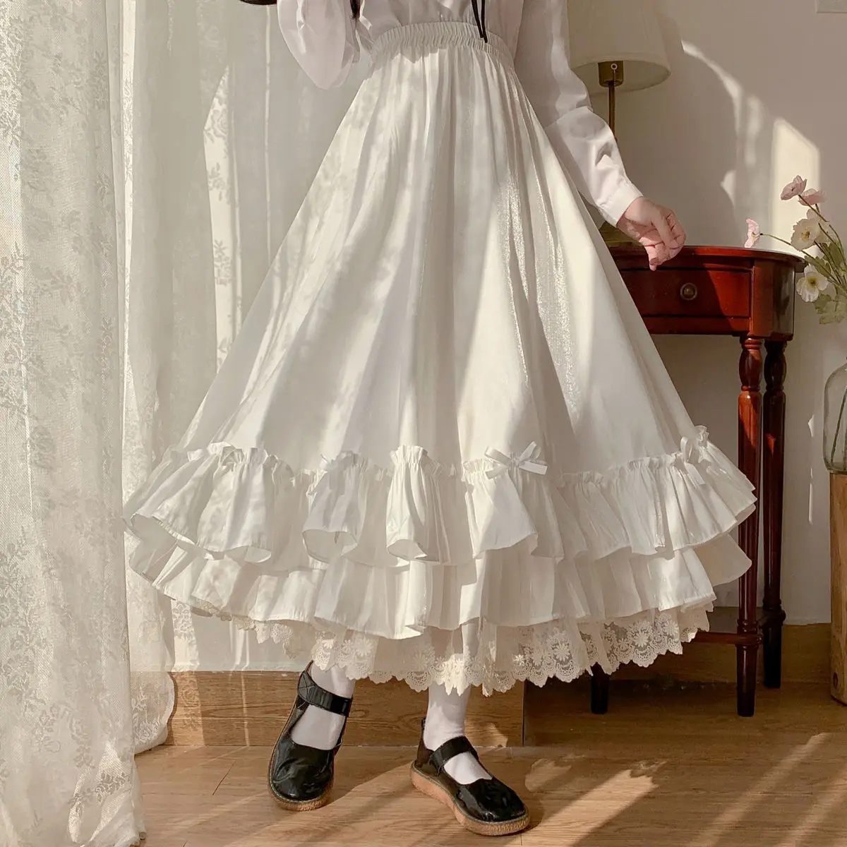 Women's Skirt Vintage French Elegant Ruffled Double Layer Half Skirt Lolita Long Skirts Women Fashion 2023 A-line Pleated Skirt
