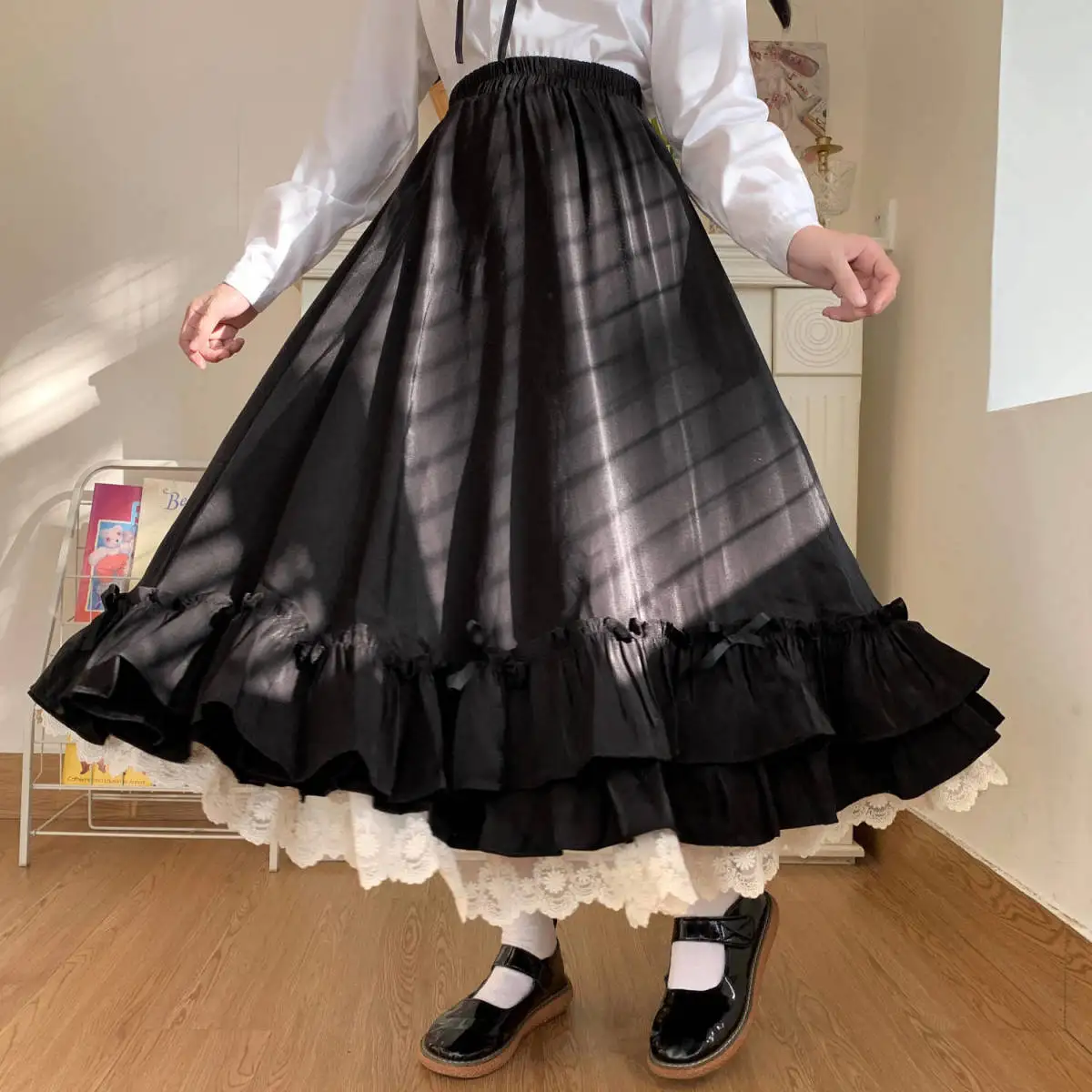 Women's Skirt Vintage French Elegant Ruffled Double Layer Half Skirt Lolita Long Skirts Women Fashion 2023 A-line Pleated Skirt