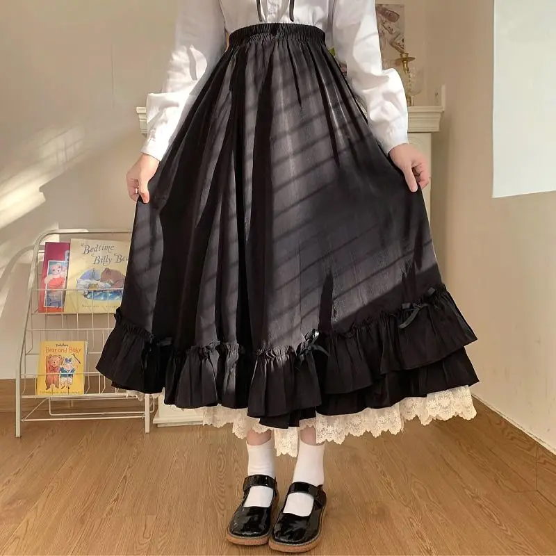 Women's Skirt Vintage French Elegant Ruffled Double Layer Half Skirt Lolita Long Skirts Women Fashion 2023 A-line Pleated Skirt
