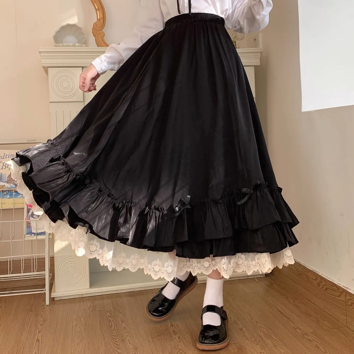 Women's Skirt Vintage French Elegant Ruffled Double Layer Half Skirt Lolita Long Skirts Women Fashion 2023 A-line Pleated Skirt