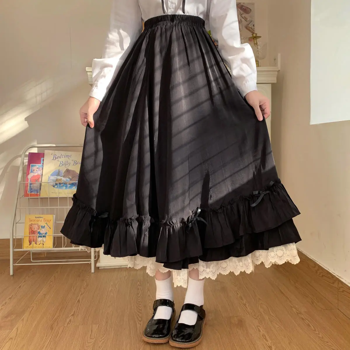 Women's Skirt Vintage French Elegant Ruffled Double Layer Half Skirt Lolita Long Skirts Women Fashion 2023 A-line Pleated Skirt