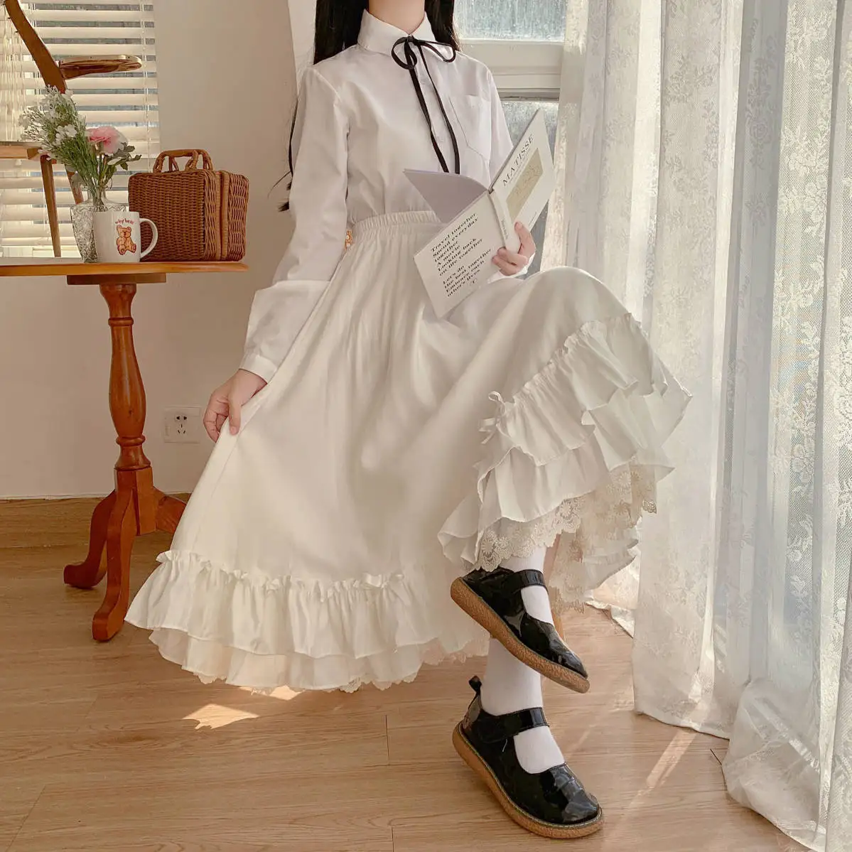 Women's Skirt Vintage French Elegant Ruffled Double Layer Half Skirt Lolita Long Skirts Women Fashion 2023 A-line Pleated Skirt