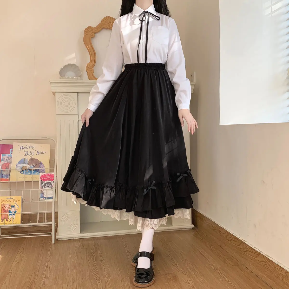 Women's Skirt Vintage French Elegant Ruffled Double Layer Half Skirt Lolita Long Skirts Women Fashion 2023 A-line Pleated Skirt