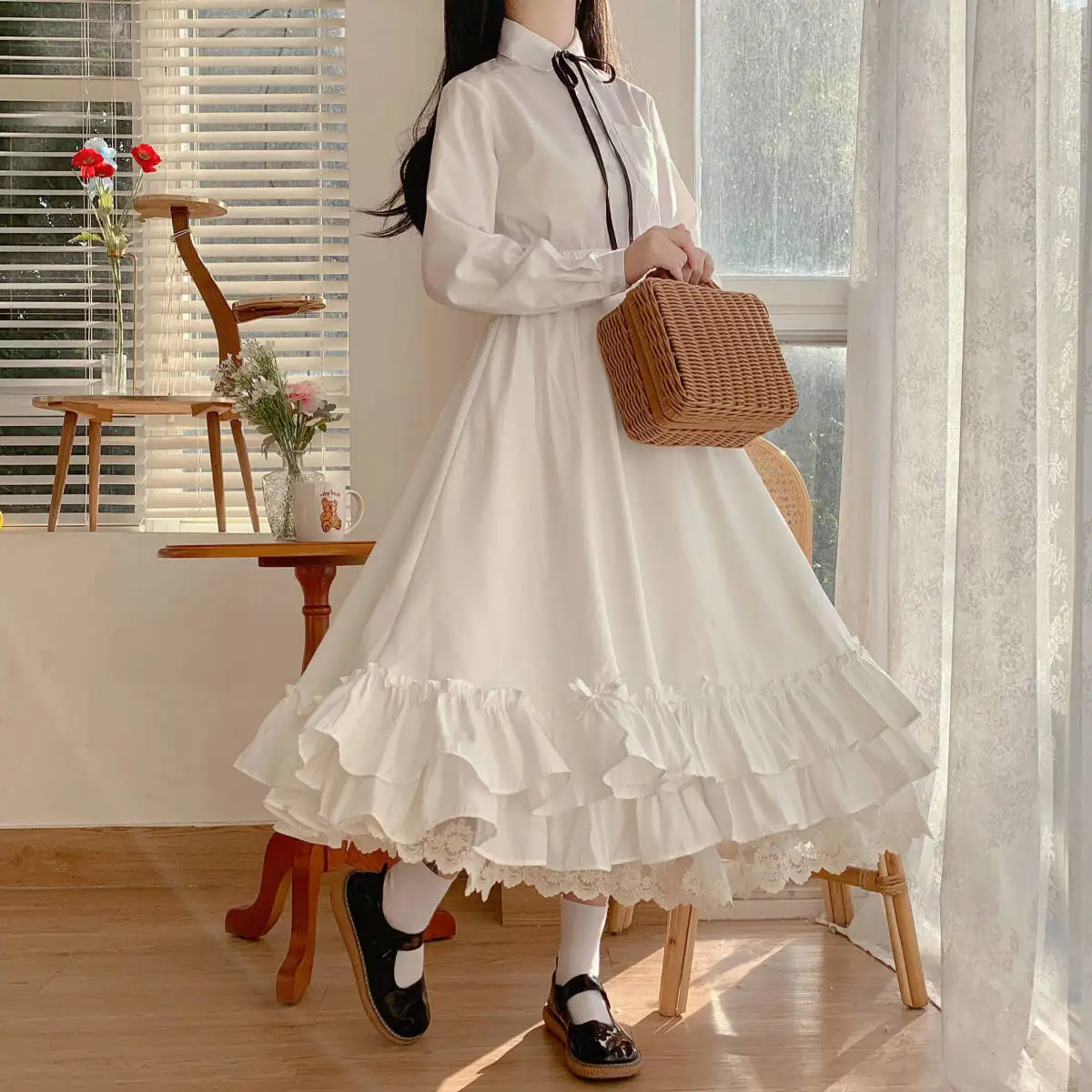 Women's Skirt Vintage French Elegant Ruffled Double Layer Half Skirt Lolita Long Skirts Women Fashion 2023 A-line Pleated Skirt