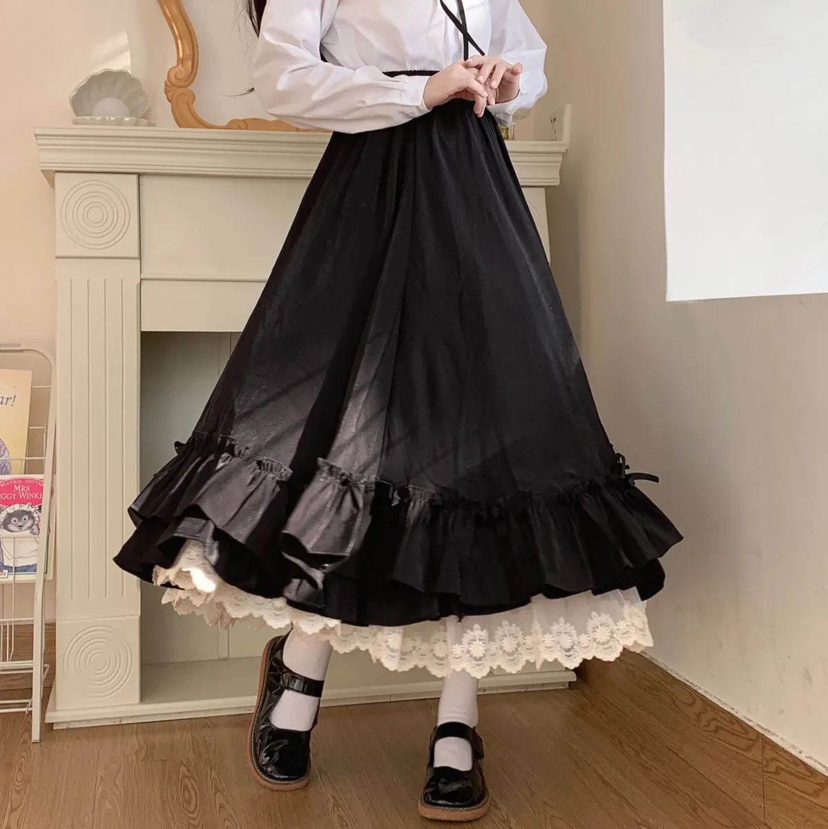 Women's Skirt Vintage French Elegant Ruffled Double Layer Half Skirt Lolita Long Skirts Women Fashion 2023 A-line Pleated Skirt