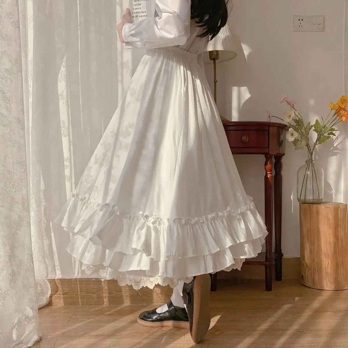 Women's Skirt Vintage French Elegant Ruffled Double Layer Half Skirt Lolita Long Skirts Women Fashion 2023 A-line Pleated Skirt