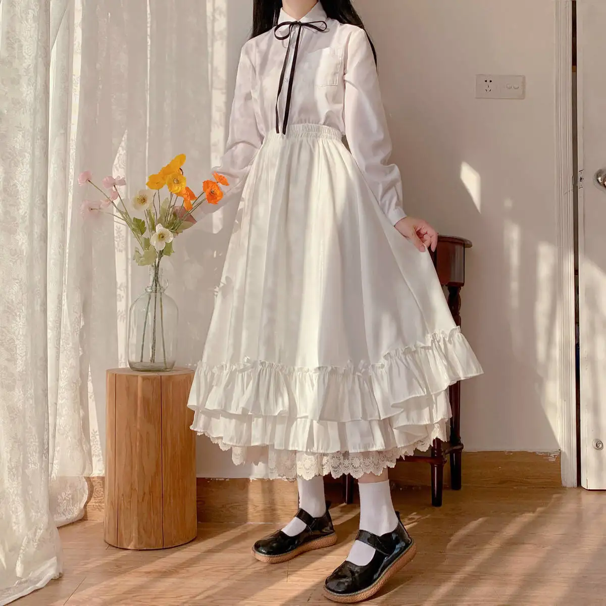 Women's Skirt Vintage French Elegant Ruffled Double Layer Half Skirt Lolita Long Skirts Women Fashion 2023 A-line Pleated Skirt