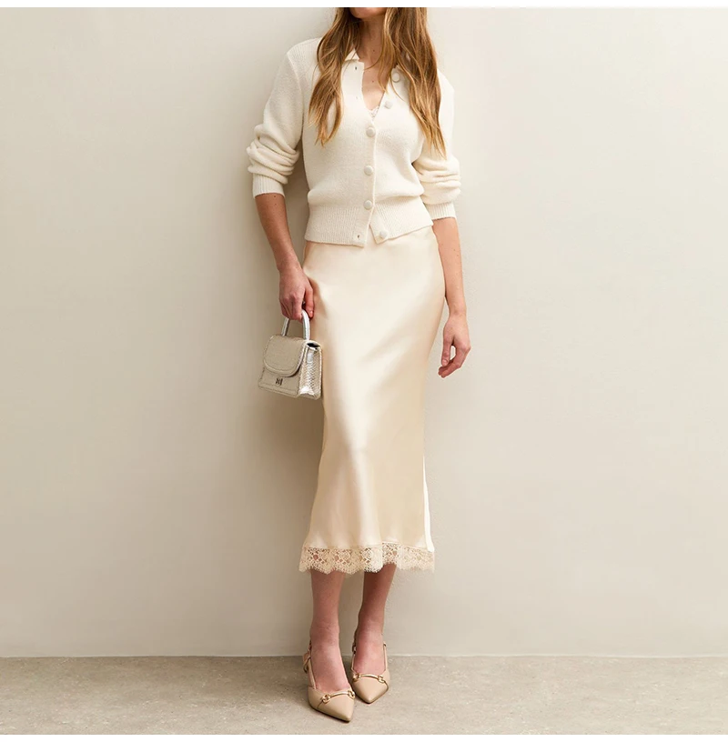 Streamgirl Maxi Satin Skirts With Lace Women Summer Long High Waist A Line Silk Bodycon Skirt Midi Elegant Brown Long Lace Skirt