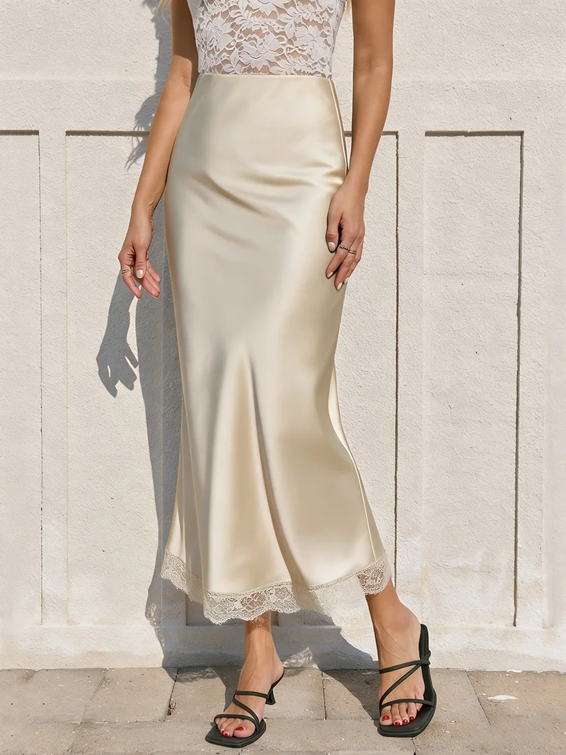 Streamgirl Maxi Satin Skirts With Lace Women Summer Long High Waist A Line Silk Bodycon Skirt Midi Elegant Brown Long Lace Skirt