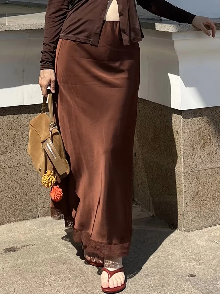Streamgirl Maxi Satin Skirts With Lace Women Summer Long High Waist A Line Silk Bodycon Skirt Midi Elegant Brown Long Lace Skirt