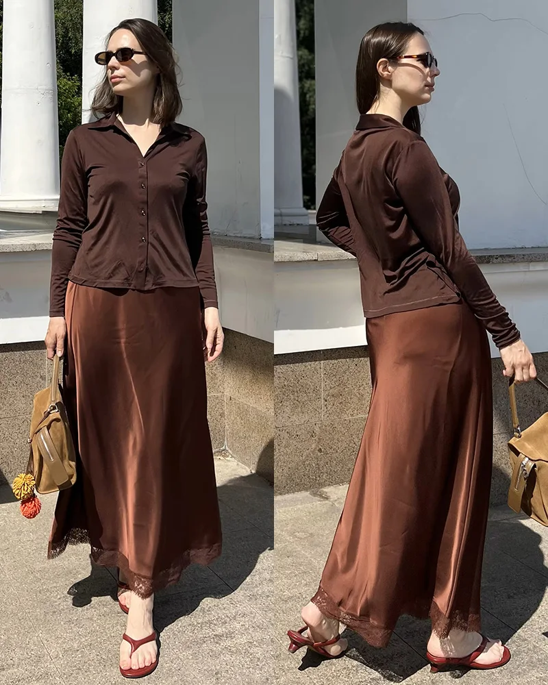 Streamgirl Maxi Satin Skirts With Lace Women Summer Long High Waist A Line Silk Bodycon Skirt Midi Elegant Brown Long Lace Skirt