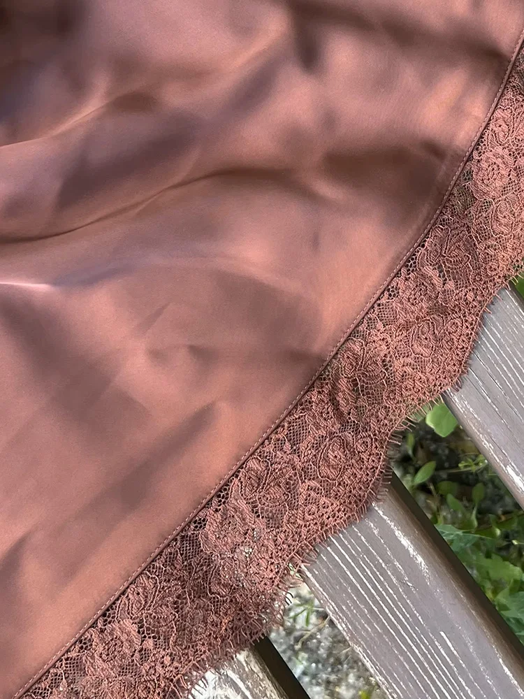 Streamgirl Maxi Satin Skirts With Lace Women Summer Long High Waist A Line Silk Bodycon Skirt Midi Elegant Brown Long Lace Skirt