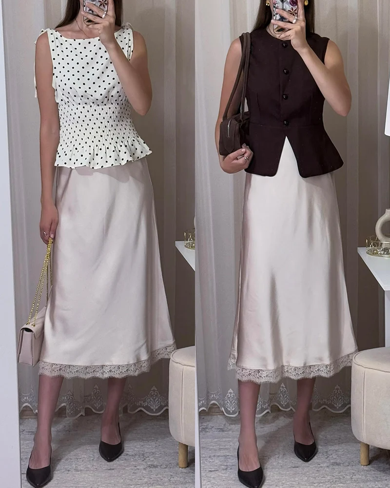 Streamgirl Maxi Satin Skirts With Lace Women Summer Long High Waist A Line Silk Bodycon Skirt Midi Elegant Brown Long Lace Skirt