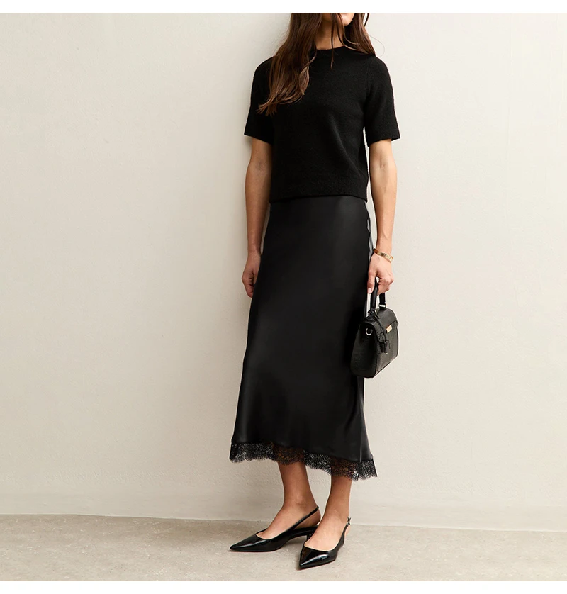 Streamgirl Maxi Satin Skirts With Lace Women Summer Long High Waist A Line Silk Bodycon Skirt Midi Elegant Brown Long Lace Skirt