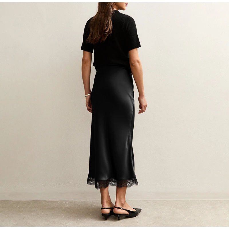 Streamgirl Maxi Satin Skirts With Lace Women Summer Long High Waist A Line Silk Bodycon Skirt Midi Elegant Brown Long Lace Skirt
