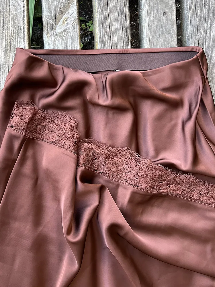 Streamgirl Maxi Satin Skirts With Lace Women Summer Long High Waist A Line Silk Bodycon Skirt Midi Elegant Brown Long Lace Skirt