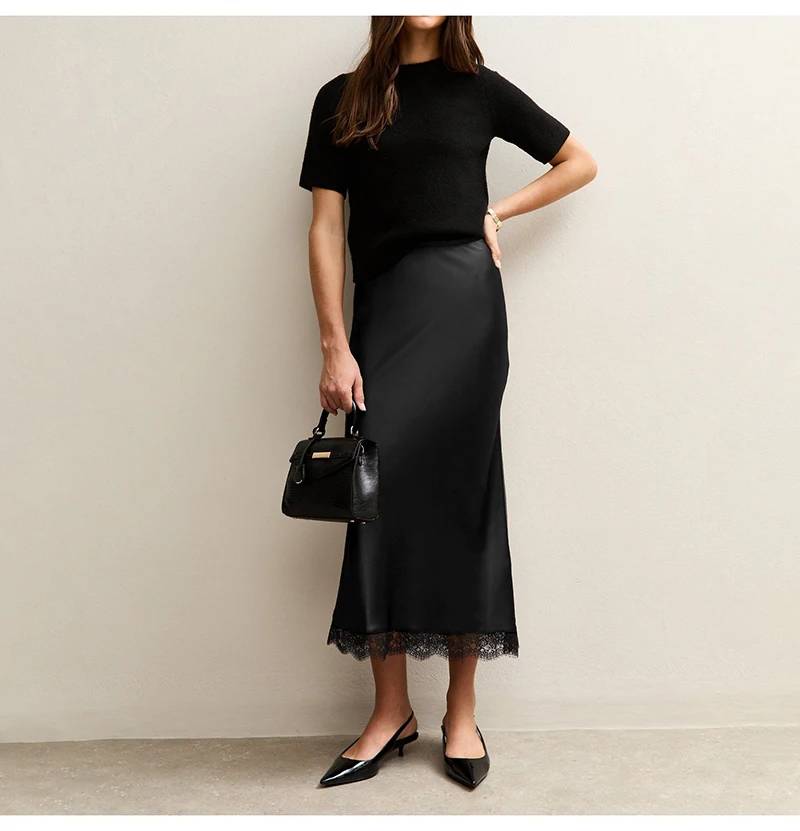 Streamgirl Maxi Satin Skirts With Lace Women Summer Long High Waist A Line Silk Bodycon Skirt Midi Elegant Brown Long Lace Skirt