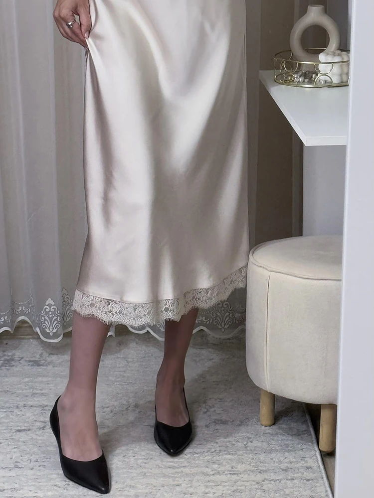 Streamgirl Maxi Satin Skirts With Lace Women Summer Long High Waist A Line Silk Bodycon Skirt Midi Elegant Brown Long Lace Skirt