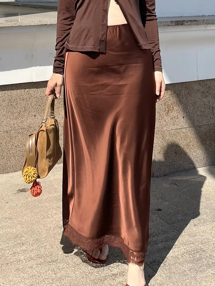 Streamgirl Maxi Satin Skirts With Lace Women Summer Long High Waist A Line Silk Bodycon Skirt Midi Elegant Brown Long Lace Skirt