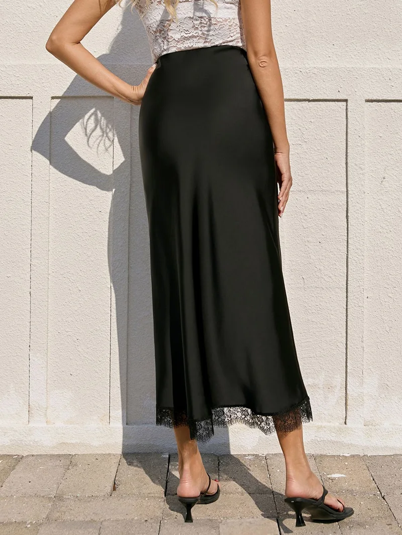 Streamgirl Maxi Satin Skirts With Lace Women Summer Long High Waist A Line Silk Bodycon Skirt Midi Elegant Brown Long Lace Skirt