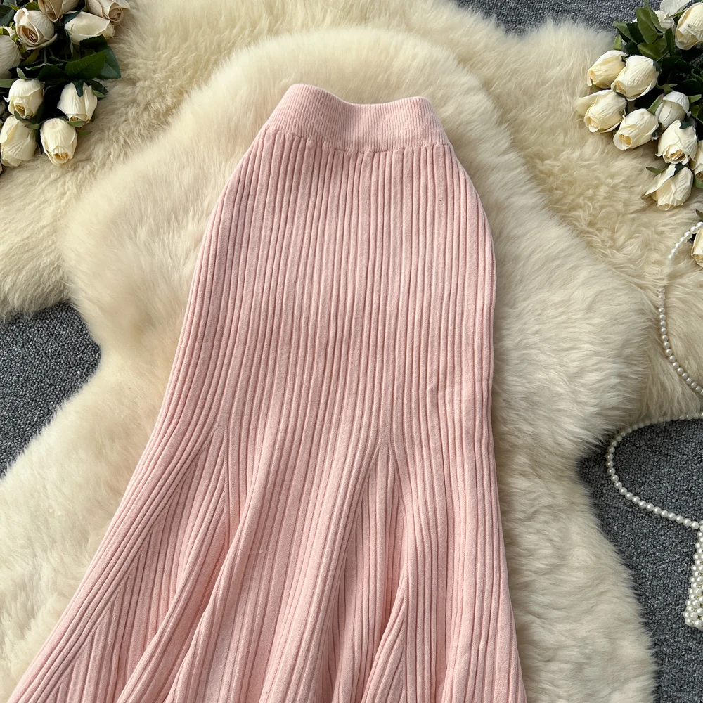 SINGREINY Female French Knitted Mermaid Skirt Autumn Stretch High Waist Rib Knit Classy Winter Thick Versatile Basics Long Skirt