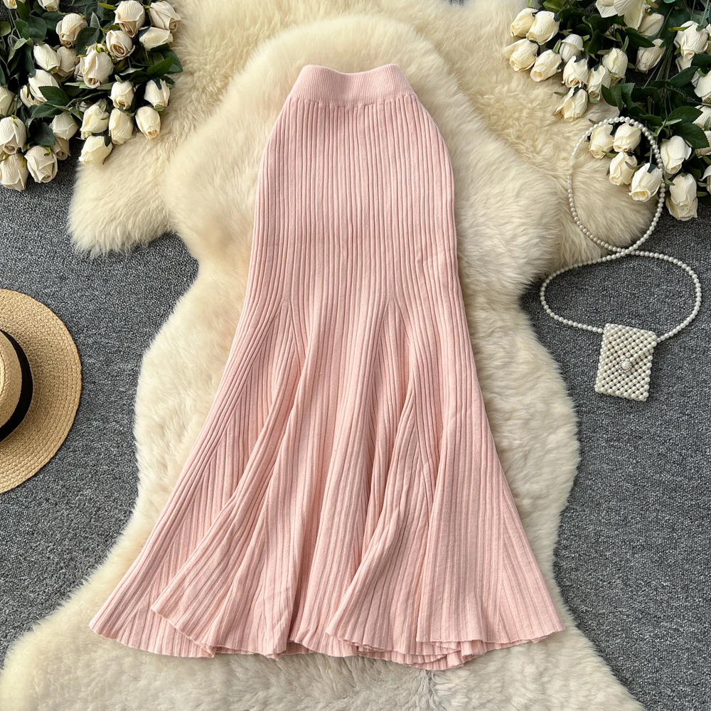 SINGREINY Female French Knitted Mermaid Skirt Autumn Stretch High Waist Rib Knit Classy Winter Thick Versatile Basics Long Skirt