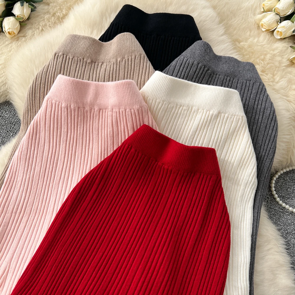 SINGREINY Female French Knitted Mermaid Skirt Autumn Stretch High Waist Rib Knit Classy Winter Thick Versatile Basics Long Skirt