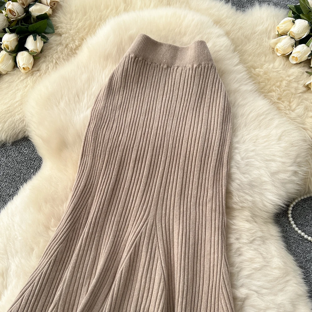 SINGREINY Female French Knitted Mermaid Skirt Autumn Stretch High Waist Rib Knit Classy Winter Thick Versatile Basics Long Skirt