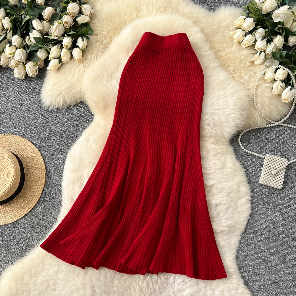SINGREINY Female French Knitted Mermaid Skirt Autumn Stretch High Waist Rib Knit Classy Winter Thick Versatile Basics Long Skirt