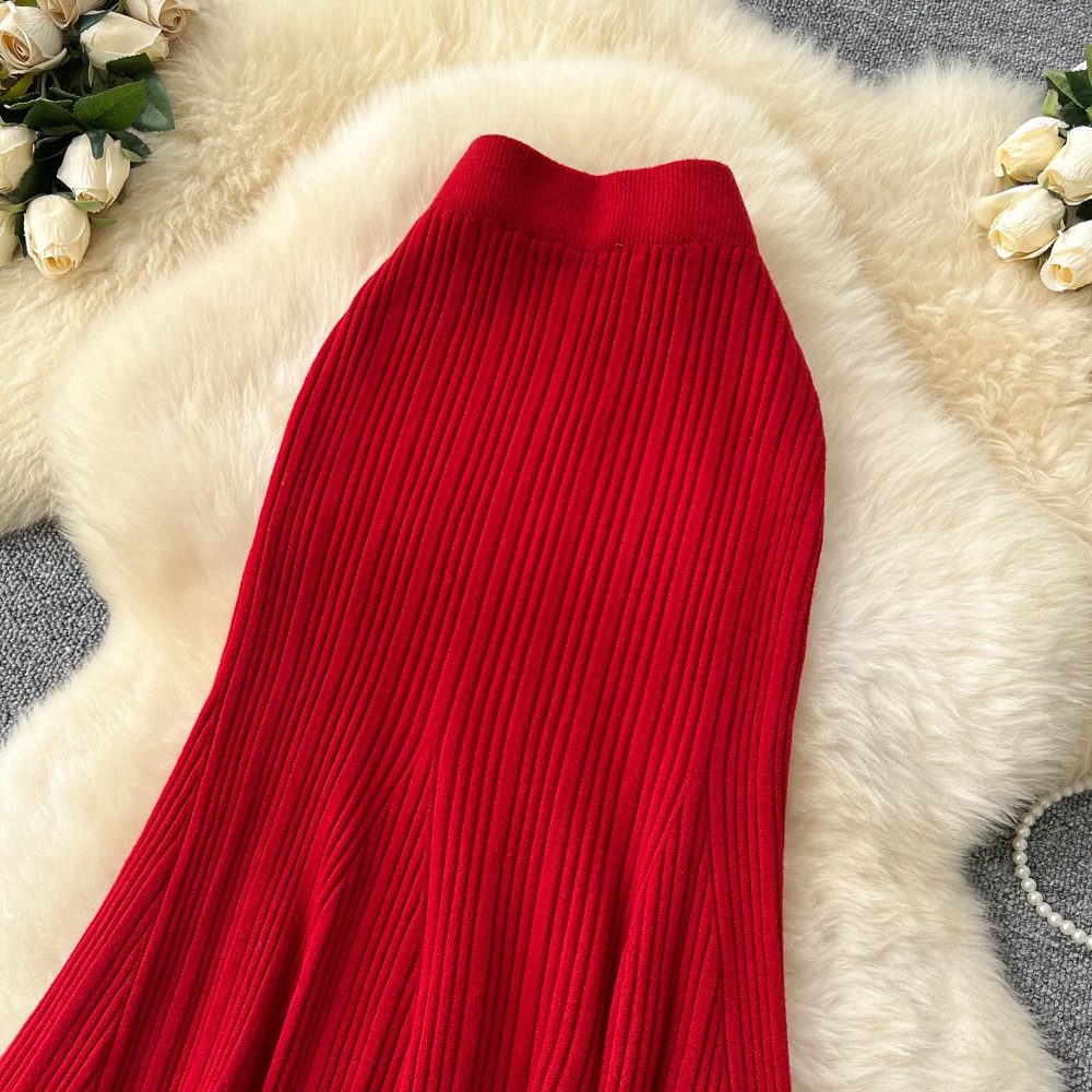 SINGREINY Female French Knitted Mermaid Skirt Autumn Stretch High Waist Rib Knit Classy Winter Thick Versatile Basics Long Skirt
