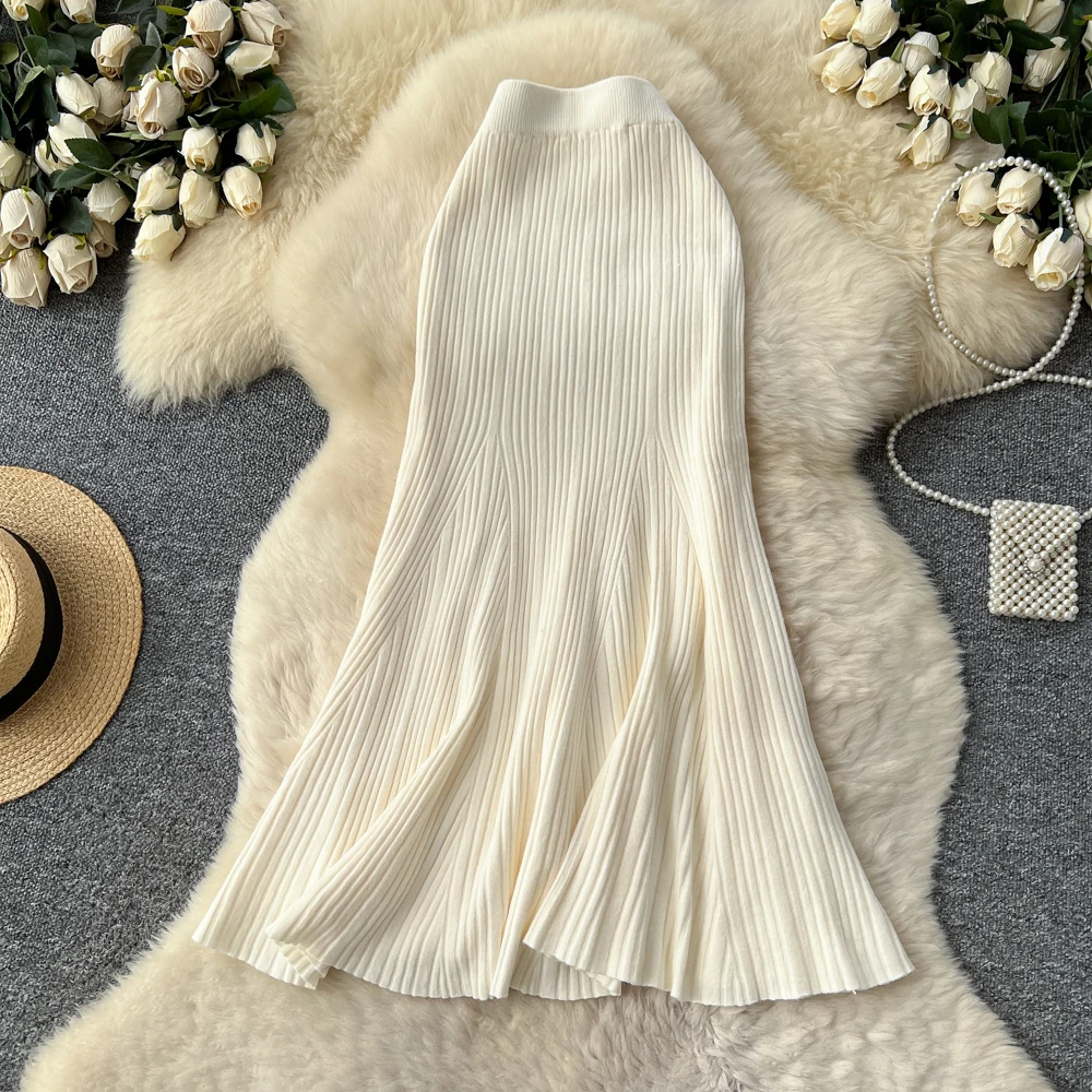SINGREINY Female French Knitted Mermaid Skirt Autumn Stretch High Waist Rib Knit Classy Winter Thick Versatile Basics Long Skirt