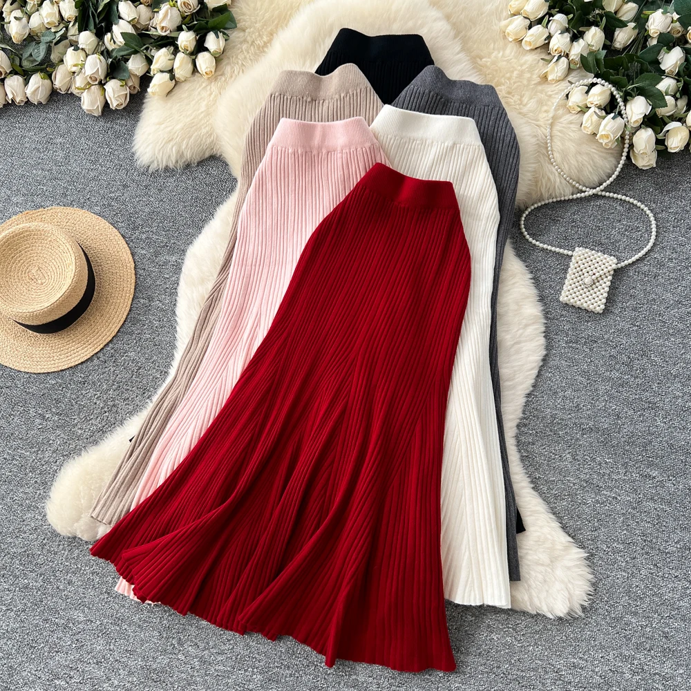 SINGREINY Female French Knitted Mermaid Skirt Autumn Stretch High Waist Rib Knit Classy Winter Thick Versatile Basics Long Skirt