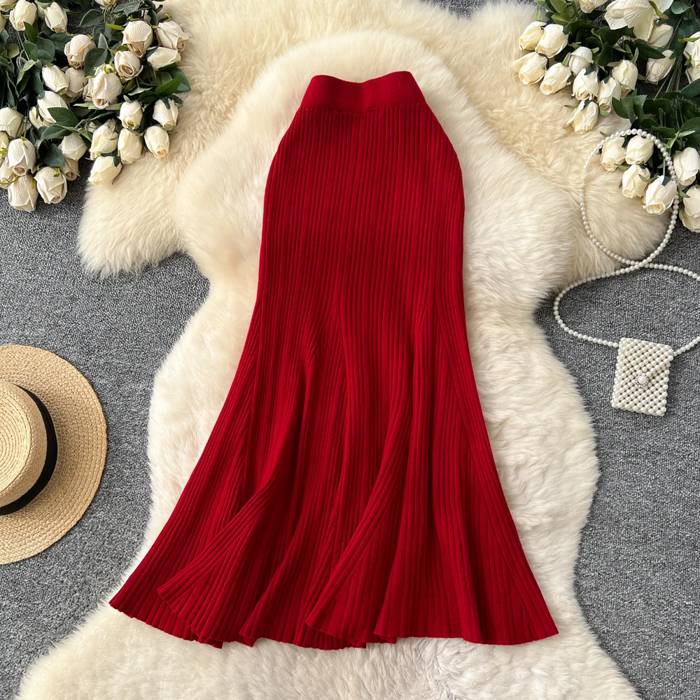 SINGREINY Female French Knitted Mermaid Skirt Autumn Stretch High Waist Rib Knit Classy Winter Thick Versatile Basics Long Skirt
