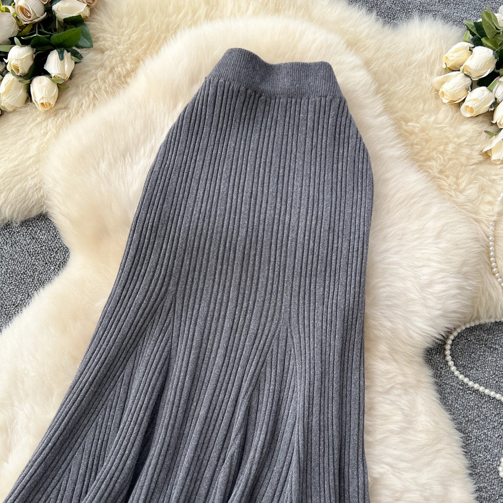 SINGREINY Female French Knitted Mermaid Skirt Autumn Stretch High Waist Rib Knit Classy Winter Thick Versatile Basics Long Skirt