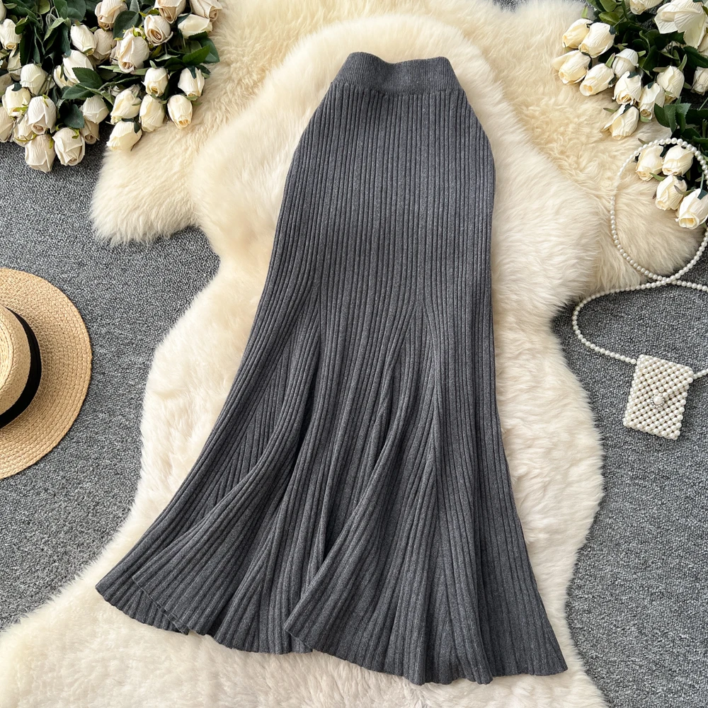 SINGREINY Female French Knitted Mermaid Skirt Autumn Stretch High Waist Rib Knit Classy Winter Thick Versatile Basics Long Skirt
