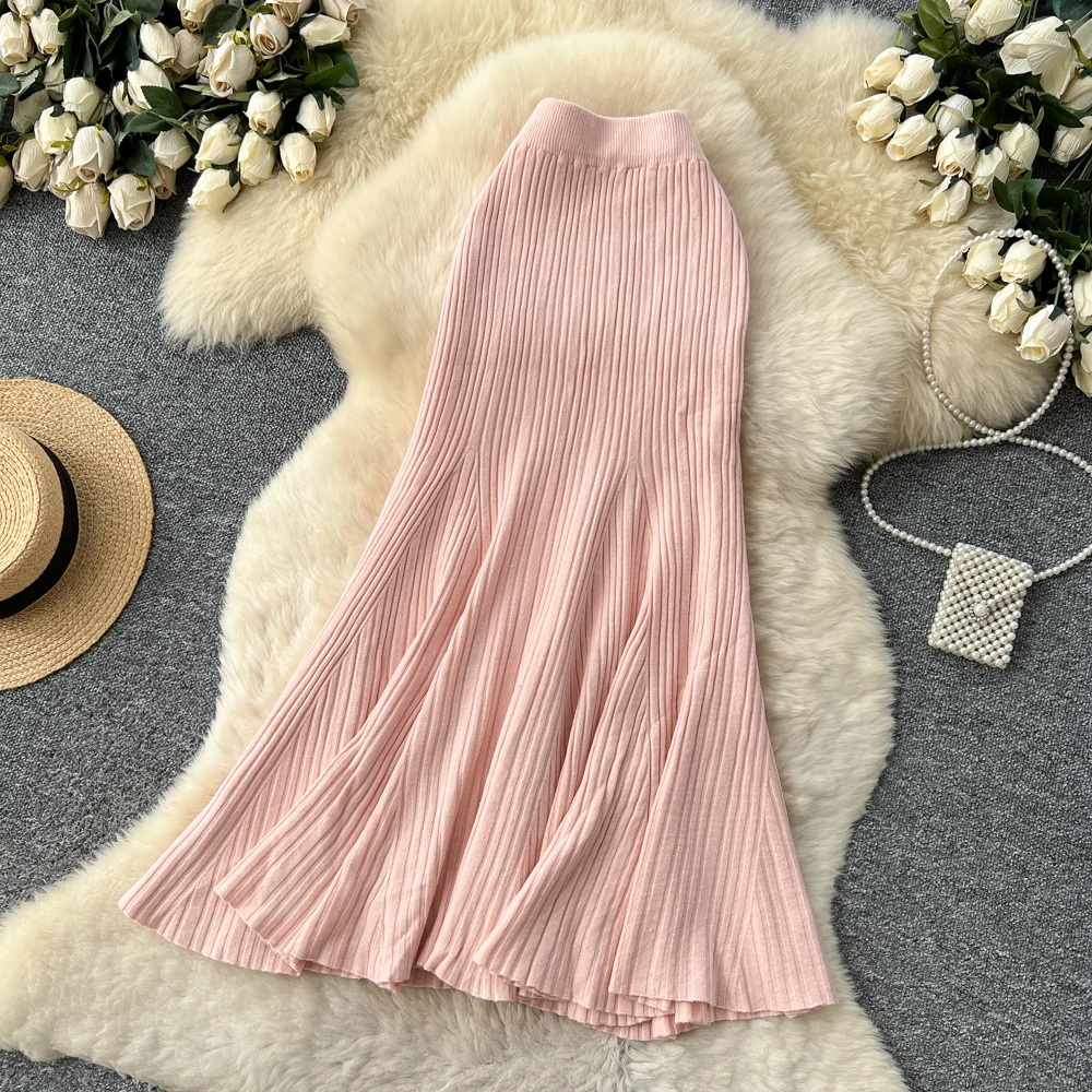 SINGREINY Female French Knitted Mermaid Skirt Autumn Stretch High Waist Rib Knit Classy Winter Thick Versatile Basics Long Skirt