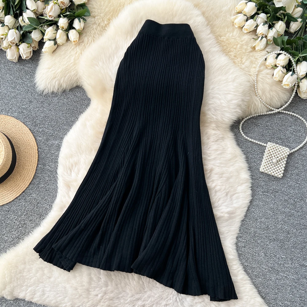SINGREINY Female French Knitted Mermaid Skirt Autumn Stretch High Waist Rib Knit Classy Winter Thick Versatile Basics Long Skirt