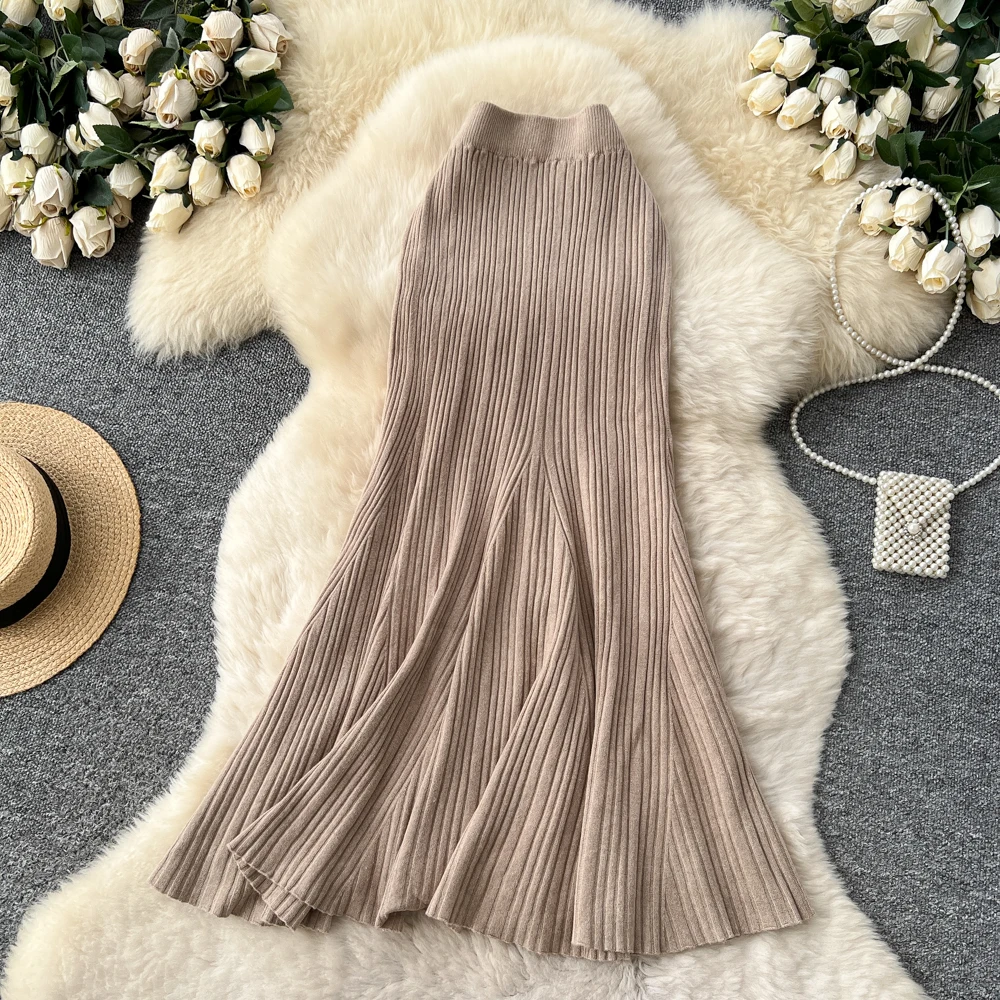 SINGREINY Female French Knitted Mermaid Skirt Autumn Stretch High Waist Rib Knit Classy Winter Thick Versatile Basics Long Skirt