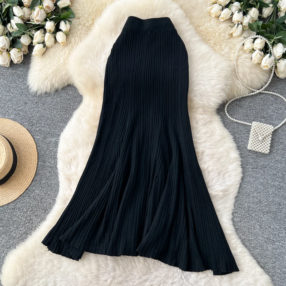 SINGREINY Female French Knitted Mermaid Skirt Autumn Stretch High Waist Rib Knit Classy Winter Thick Versatile Basics Long Skirt