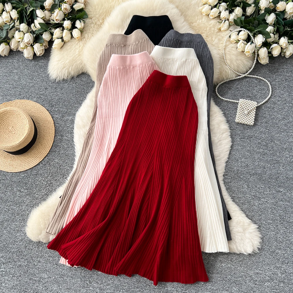 SINGREINY Female French Knitted Mermaid Skirt Autumn Stretch High Waist Rib Knit Classy Winter Thick Versatile Basics Long Skirt